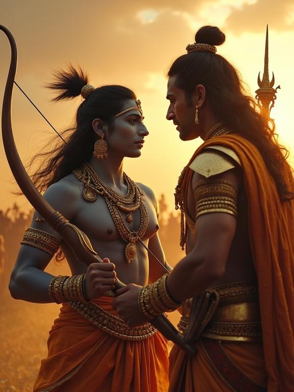 Lord Krishna whispering encouragement to warrior Arjuna. Arjuna raises the Gandiva bow with determination. Battlefield charged with divine energy and fierce wind. Krishna exudes calm strength. Close-up of Arjuna showing resolve with glowing armor.