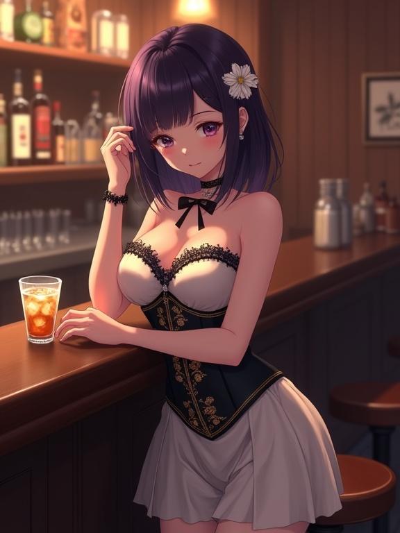 A cozy bar scene features a woman in anime art style leaning against the bar. Dark violet hair with a white flower hairpin frames her face. She wears a satin top and skirt with black lace. A corset-like belt cinches her waist. She holds a glass with a light brown drink. The warm lighting creates an intimate atmosphere.