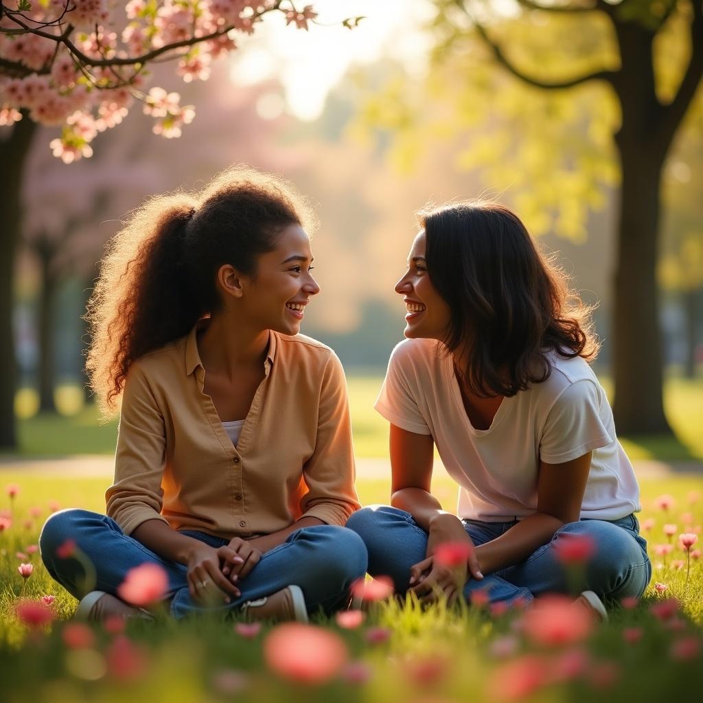 The image portrays two friends enjoying a sunny day in a blooming park. They sit on the grass surrounded by flowers, laughing and gazing at each other with joy. The warm sunlight creates an inviting and serene atmosphere. Their expressions reflect a deep connection and genuine happiness. This scene captures the essence of unexpected friendships that bring warmth and joy into our lives.