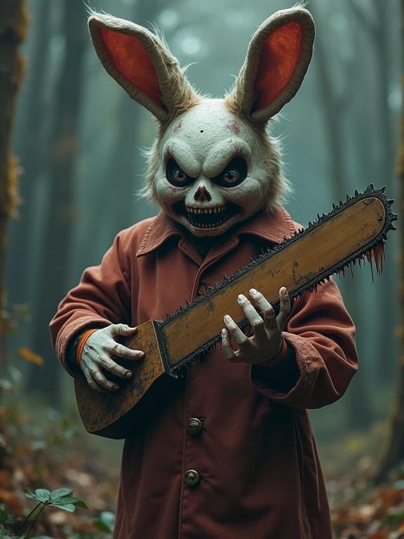 A horror-themed image featuring a rabbit character wearing a grotesque mask and holding a chainsaw. The setting is a dark, foggy forest.