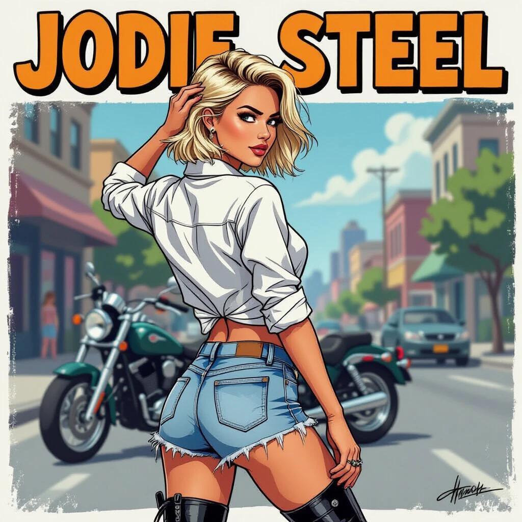 Comic style image of a confident girl. She has short straw-blonde hair. She looks over her shoulder and strokes hair with one hand. She wears a knotted white shirt rolled at the sleeves. She has on faded ripped denim shorts. She is also wearing black motorcycle boots. A motorcycle is parked in the background. The street scene gives a vibrant feel.