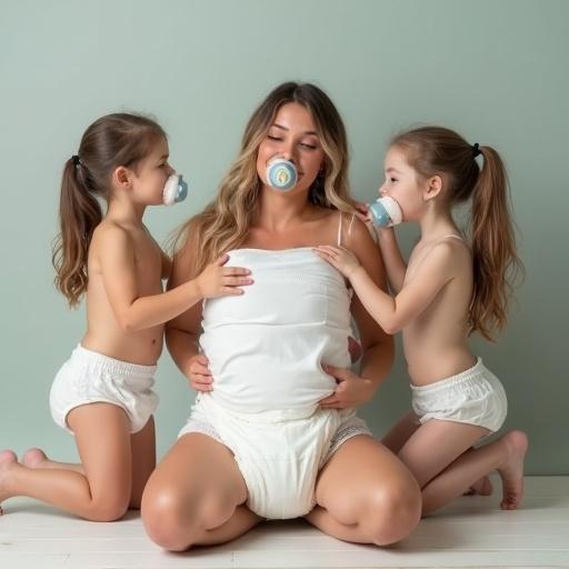 A mother interacts playfully with two children. They have oversized pacifiers. The mother wears an oversized diaper. The scene is set in a soft green backdrop. The atmosphere is joyful and light.