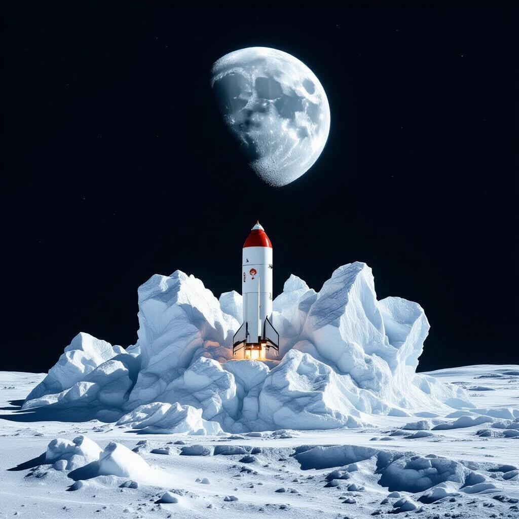High contrast scene featuring a rocket launching from the moon's surface. Bright moon in the background. Snowy ice formations surround the rocket. Rocket has red accents and flame lifting off.
