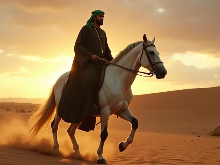 A tall strong man rides a white Arabian horse in a vast desert. He wears a long dark abaya and green keffiyeh. A wooden staff is held in one hand. The horse moves gracefully across golden sands. The sky is dramatic with a setting sun casting orange and purple hues. No face shown, silhouette only. Peaceful and spiritual atmosphere.