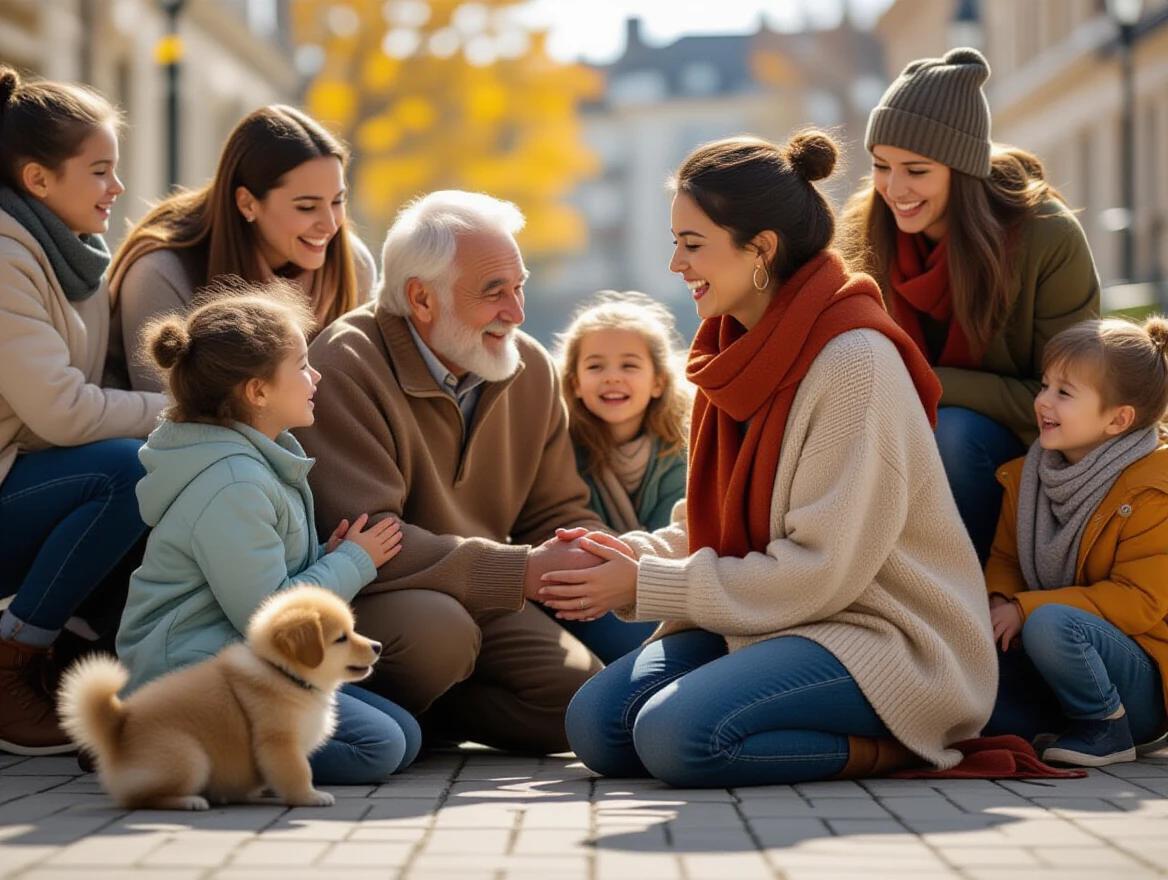 Kneeling woman greets elderly couple. Kids gather around her singing. Small puppy plays beside her. Scene filled with joy and intimacy. Soft light enhances the moment.