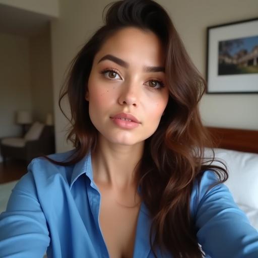 A woman with fair skin and a triangle face takes a selfie in a blue shirt in a bedroom. Her hair is loose and wavy, swept to the side. The setting has a cozy atmosphere.