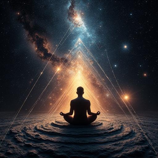 A fractal composition featuring a cell and DNA at the bottom, a meditating human in the center, and an expanding galaxy above. Connected by glowing lines, incorporating quantum physics and spirituality.