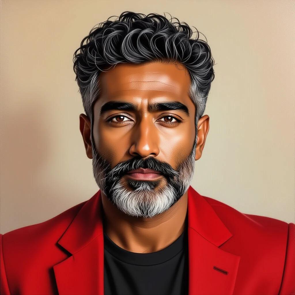 Captivating oil painting of an Indian man with dark brown skin and slightly overweight build. The subject has a round full face, defined jawline, and deep-set dark eyes with an intense gaze. He makes direct eye contact with the camera. There are fine wrinkles around his eyes and nasolabial folds. His hair is thick, gray, and curly with a short afro-textured style and a slightly receding hairline. The man has a full gray beard and mustache, well-groomed and dense. His nose is medium-width, and his lips are thin to medium in a neutral closed position. He wears a vibrant red blazer over a black t-shirt. The body is turned slightly to the left with hands gently clasped in front at waist level. The fabric texture is detailed. The background is plain and neutral with warm soft lighting, realistic skin texture, high detail, and high-quality art in a cinematic portrait style.