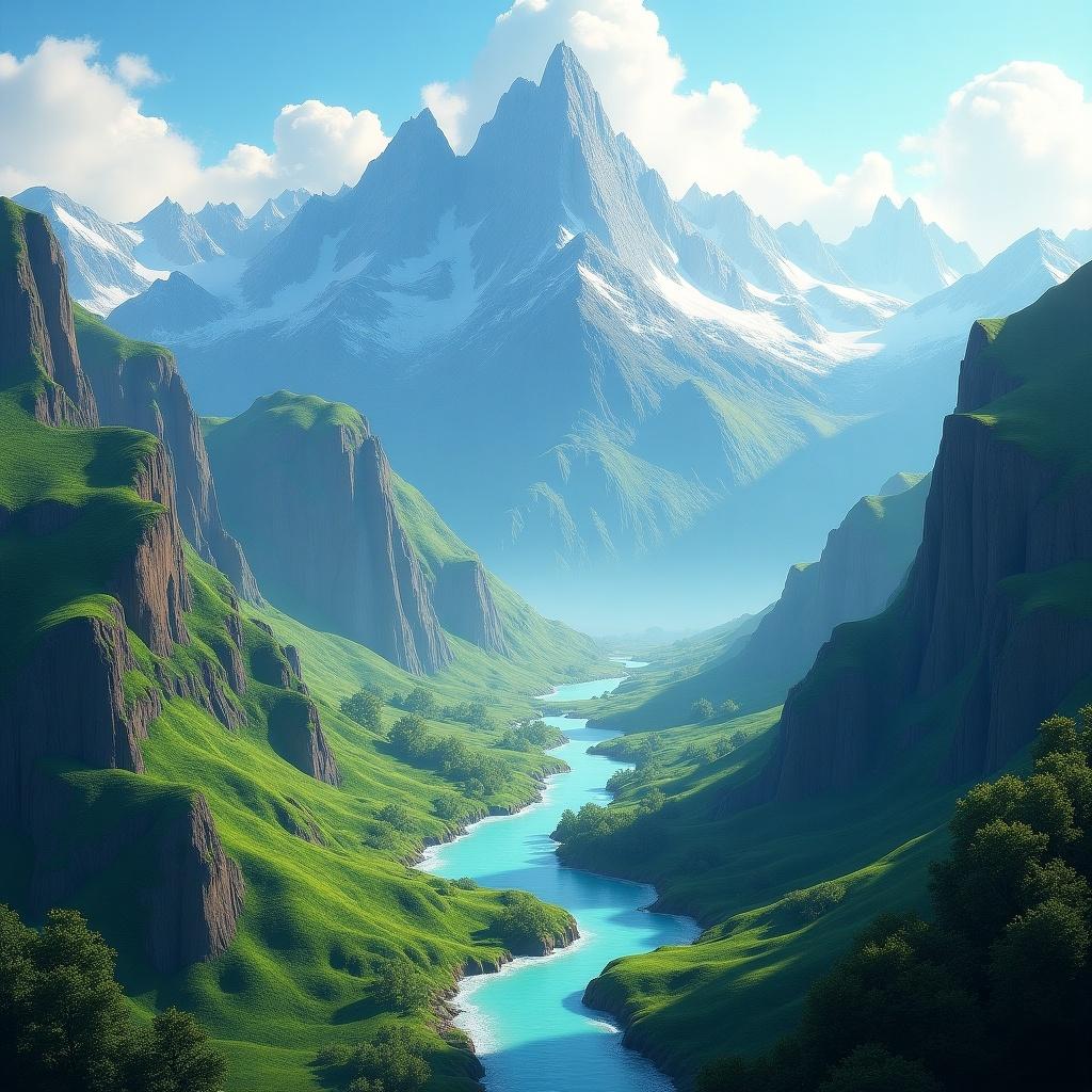 This image features a majestic mountain range with towering peaks and lush green valleys. A river winds through the landscape. Soft natural light enhances the vibrant colors of greenery and sky. The scene evokes adventure and tranquility, perfect for fantasy art inspiration.