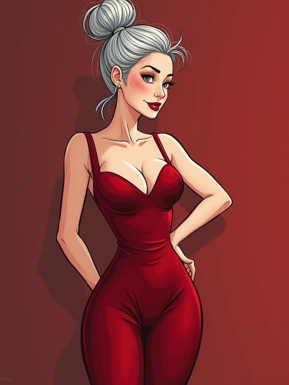 Vector art featuring an elegant and confident mature woman with high silver hair in a bun. She has pale skin and freckles, wearing a tight red velvet dress. Her body is curvy with wide hips, showcasing a fashionable look suitable for a gala.