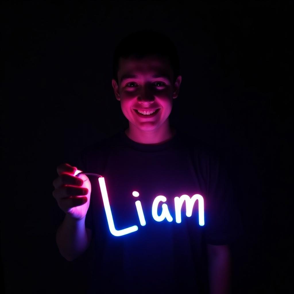 In this image, a boy is smiling while holding a glow stick that illuminates the name 'Liam' in vibrant colors. The dark background emphasizes the bright, glowing letters. The child’s expression is joyful and playful, capturing a moment of fun. This creative usage of light adds a magical touch to the image. It's perfect for showcasing light painting techniques or celebrating personal names.