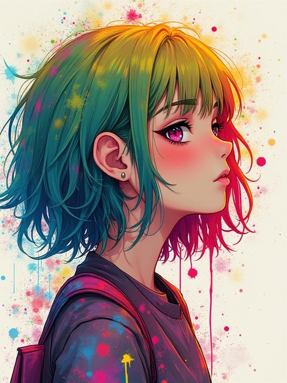 A girl with rainbow hair. Bright splashes of paint create a vibrant background. Art features high-resolution textures and details. Character has a soft expression and a side profile view.