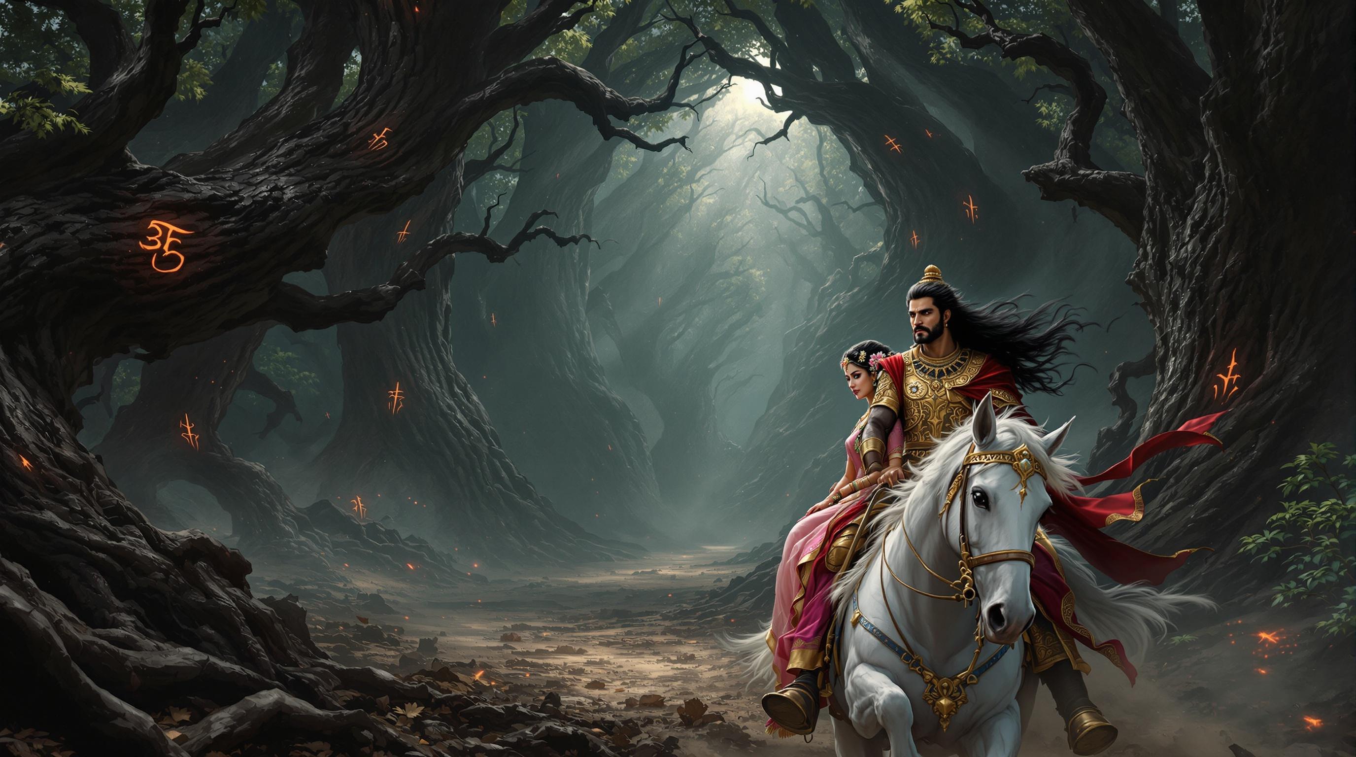 King Rudrasen and Queen Mriganjali ride on horses towards Kali Vrikshi Van. King Rudrasen is in golden armor with a crimson cape holding reins of a black horse. Queen Mriganjali in a pink and gold saree sitting on a white horse. Ominous forest with twisted trees and glowing red symbols. Mist surrounds the undergrowth.