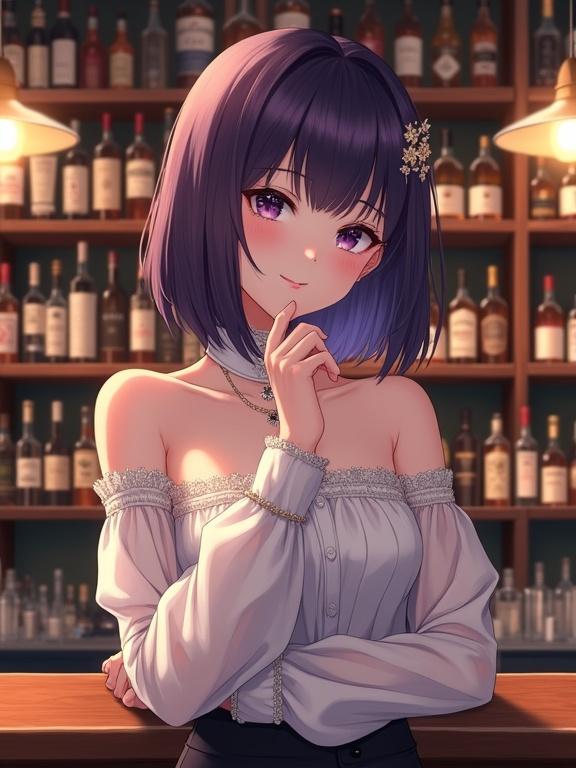 The image features a lady with dark violet hair in an anime art style. She wears an off-shoulder white blouse with gold embroidery. The setting is a cozy bar filled with various drink bottles. The atmosphere is warm and inviting.