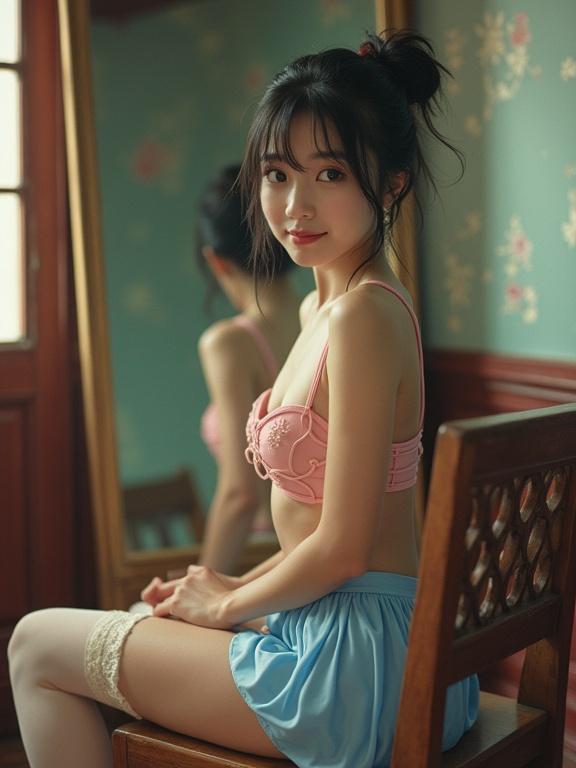 A petite Asian girl poses in a feudal China room. She sits on a chair, looking at the camera with a soft smile. She wears a light pink foam bra, a blue and white skirt, and cream lace stockings. The setting has natural light with a nostalgic early-2000s feel, emphasizing a blend of analog and digital aesthetics.