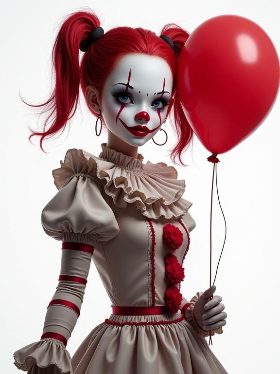 A young petite woman dresses as a clown with white and black face paint, holding a red balloon. She has short pigtails. Background is white and features detailed textures and shadows.