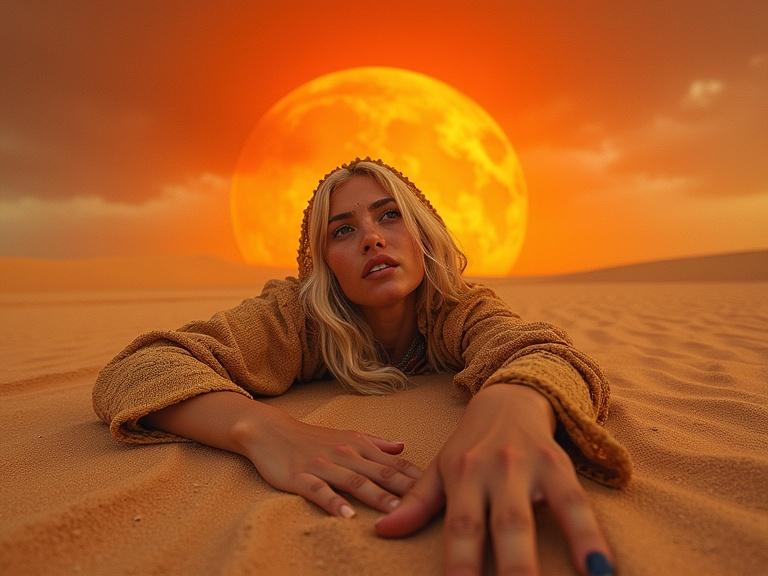 Frontal shot of a beautiful Arabian woman in a desert. Lying in the sand, reaching out for help. Dynamic low angle view with an orange fiery sky and a red drained sun. Sandy textures and detailed features. Strong visual depth and harmonic proportions.