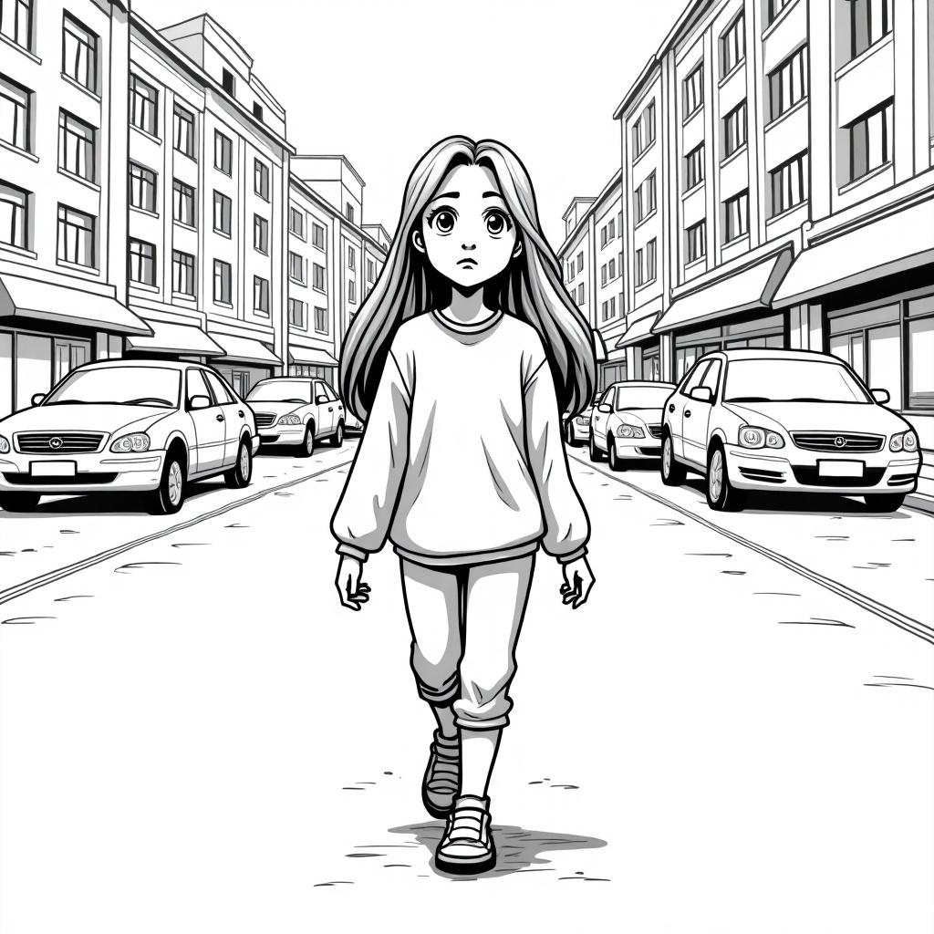 A young girl walks through an urban street in black and white. The illustration has a classic comic book feel. She has long hair. Background with cars and storefronts creates a lively ambiance. The scene captures a moment of contemplation.