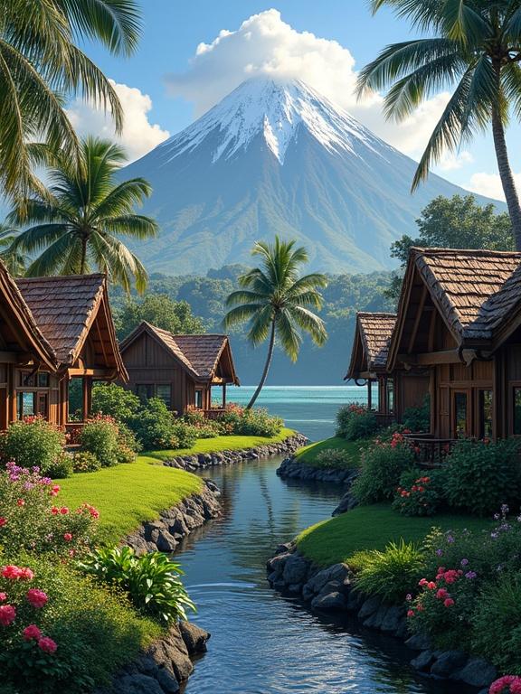 A tropical paradise against a majestic snow-capped volcano. Charming wooden bungalows surrounded by vibrant flowers and palm trees. A gentle stream flows through lush greenery. The scene evokes peace and beauty.