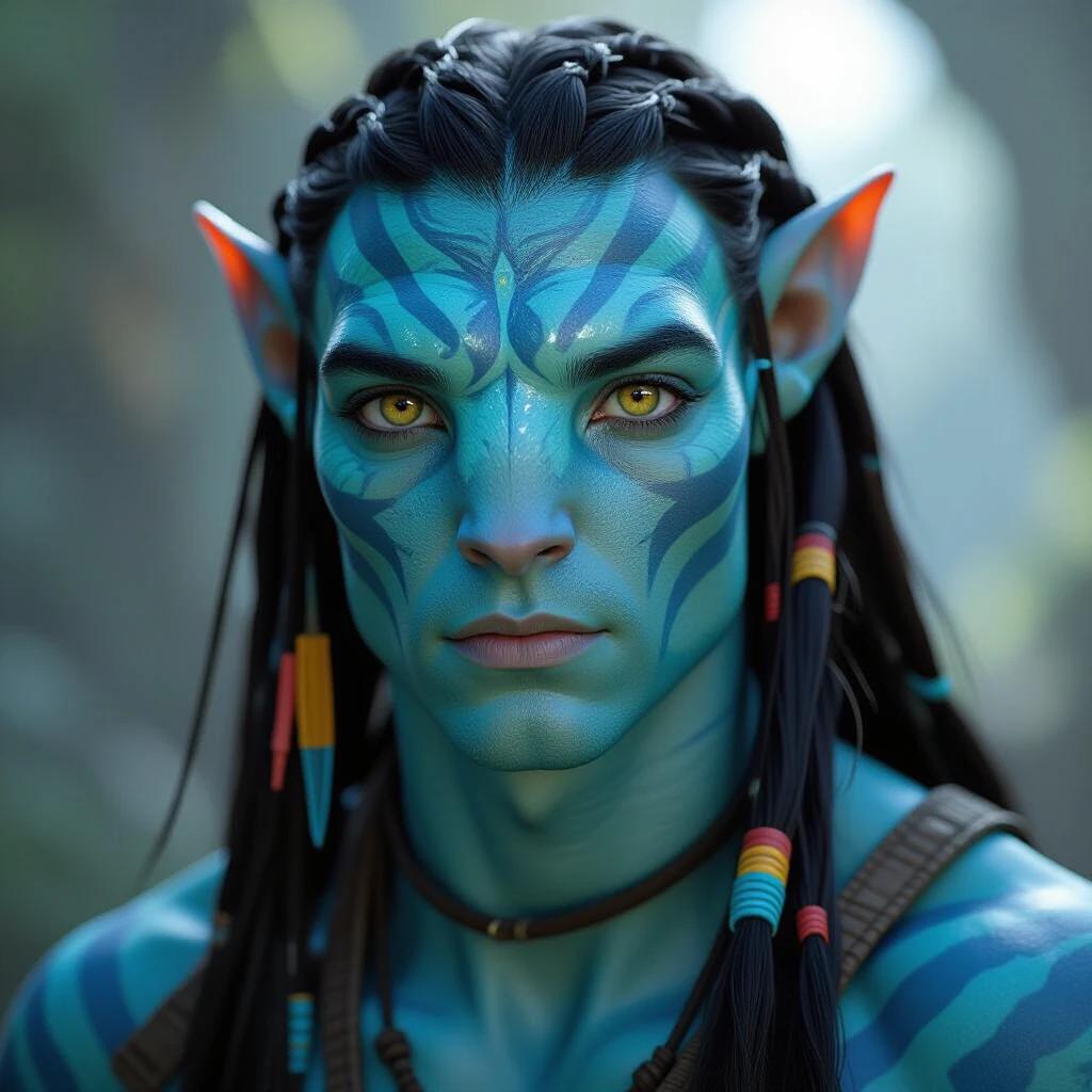 A male Na'vi character stands prominently in the image. The character has distinctive blue skin and unique features. Hair is intricately styled. The surrounding environment showcases a lush, vibrant background typical of Pandora. Natural elements are in focus. The artwork reflects a detailed and vibrant representation.