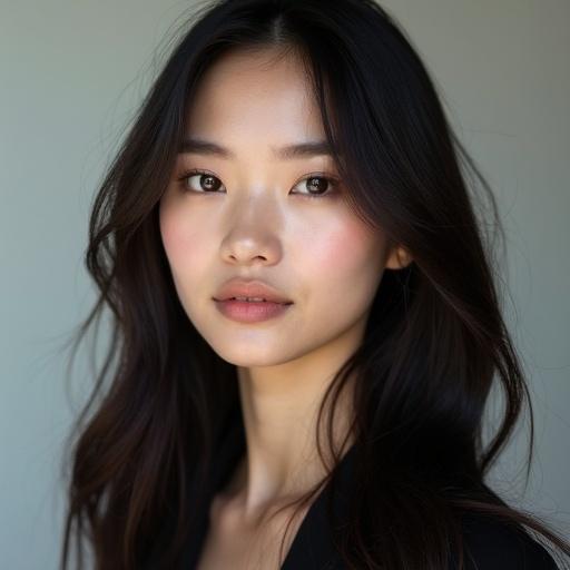 Contemporary portrait of a young Asian woman. Long hair and pale skin. Exudes modern beauty confidence.