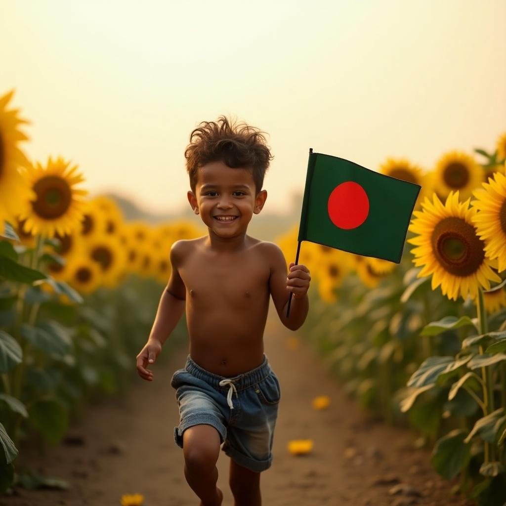 Boy running in sunflower field. Holding Bangladeshi flag. Afternoon lighting creates a cheerful mood. Focused on the horizon with nature around.