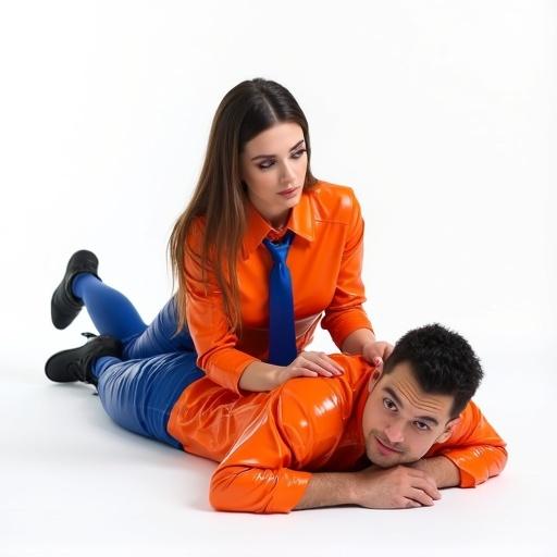 Photo of two individuals, one female and one male, in a playful pose. Female wears shiny PVC leather orange shirt with blue tie over blue leather leggings. Female sits on top of male's belly, looking down at his head. Male lays flat on the floor, looking at the camera. Plain white background emphasizes the subjects.