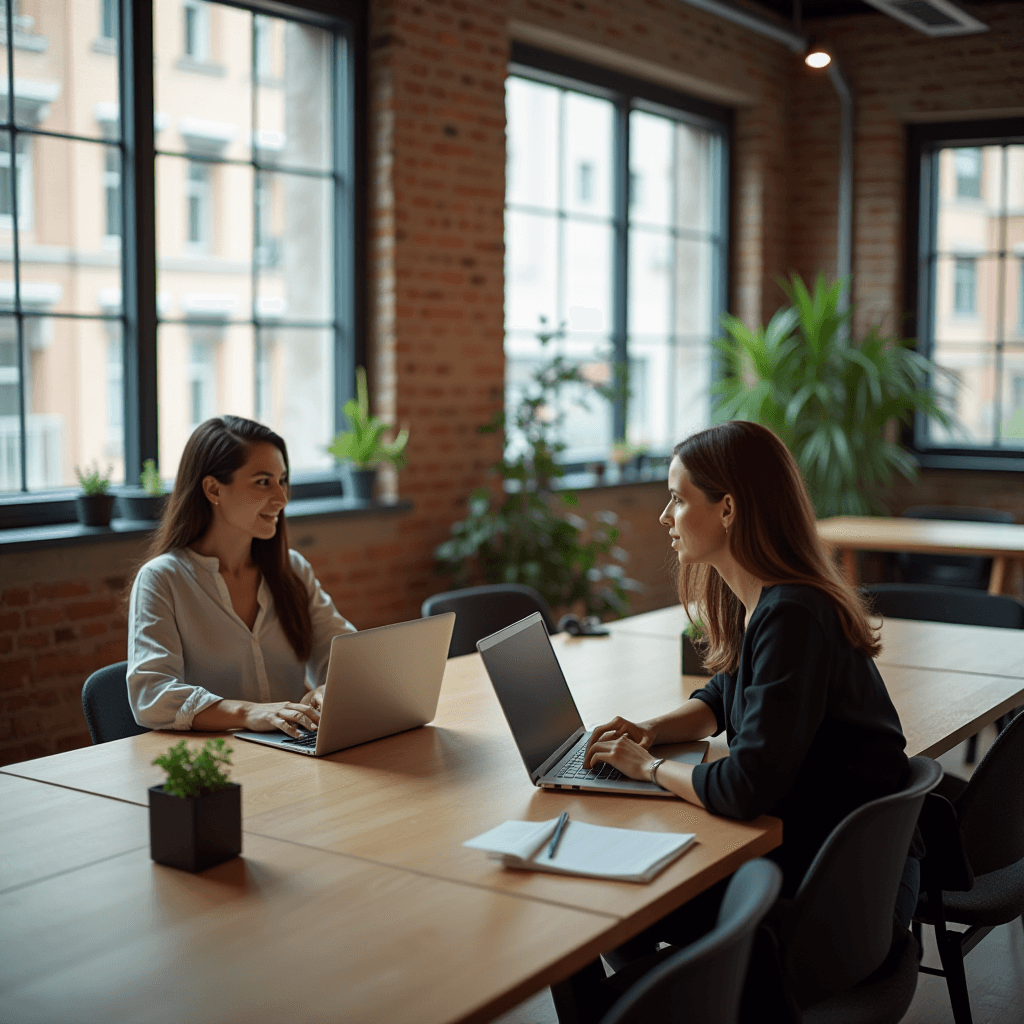 Two women happily working on laptops in a modern office space surrounded by greenery.