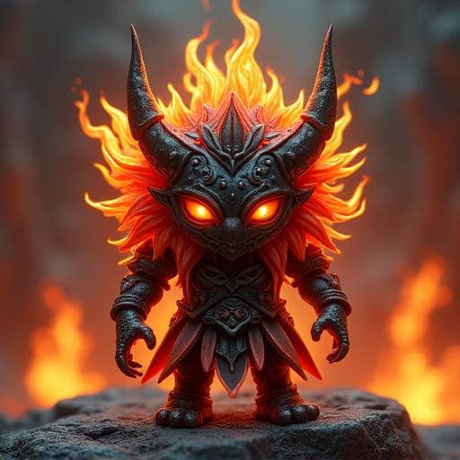 A cartoon-style monster toy, Ember Whisperer, stands 10 cm tall. He features flowing armor resembling embers. A mask with glowing orange eyes enhances the design. The figure is part of the Tribe of the Volcano.