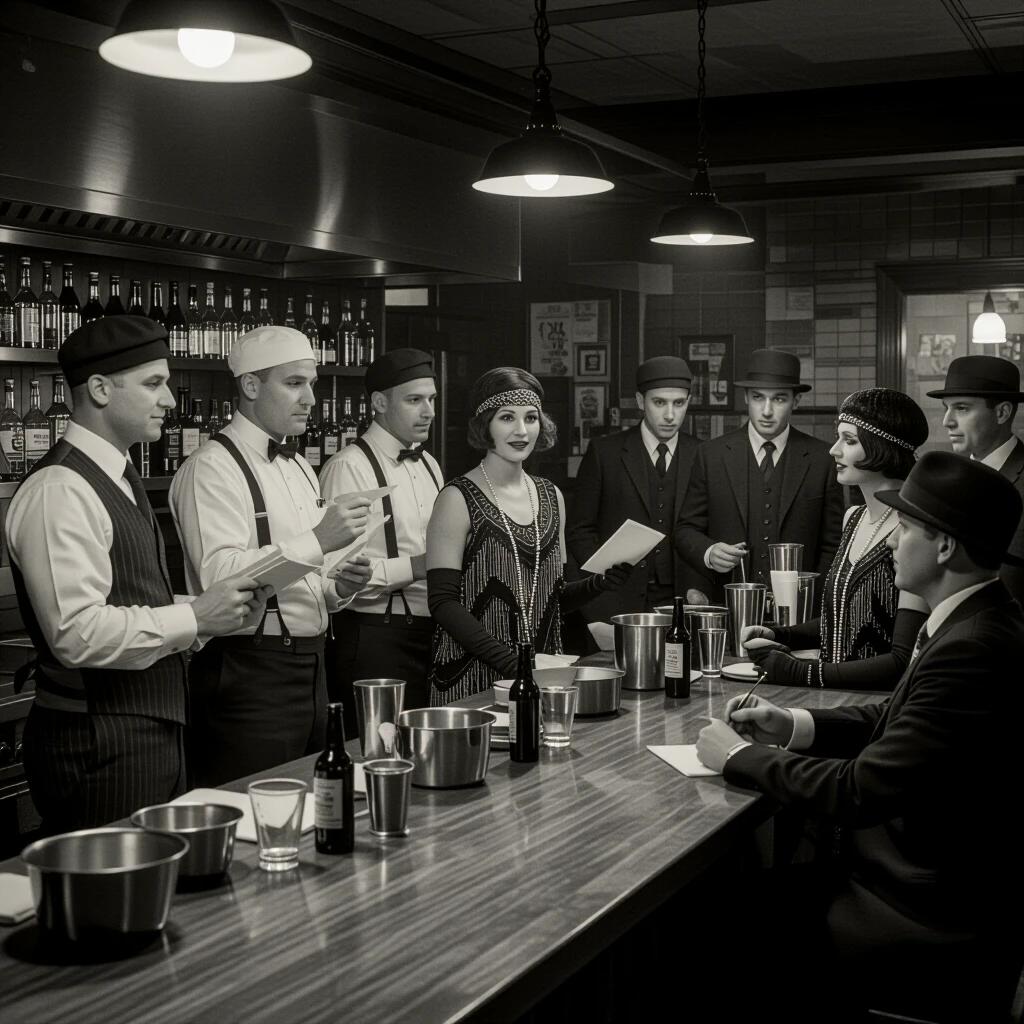A lively staff meeting in a speakeasy kitchen. Staff includes cooks bartenders flappers and security. A sharply dressed owner gives instructions. The scene is ultra realistic.