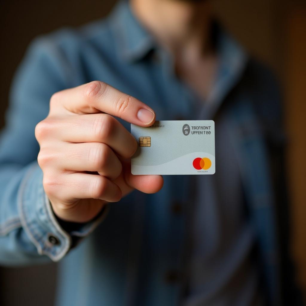 Image shows a hand holding a credit card. The background is blurred to focus on the card. The hand displays a casual pose. A person took a picture with the card prominently featured.