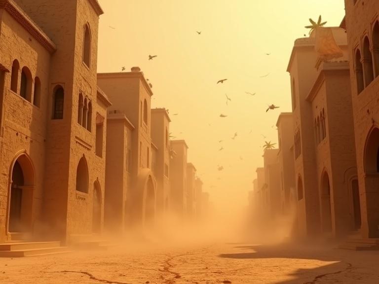 Wide cinematic establishing shot of Indian-style desert town during sandstorm. Cracked sandstone walls and arched windows with wooden balconies. Dusty air with flying cloth scraps and swirling golden dust. Ultra-realistic textures and strong depth of field.