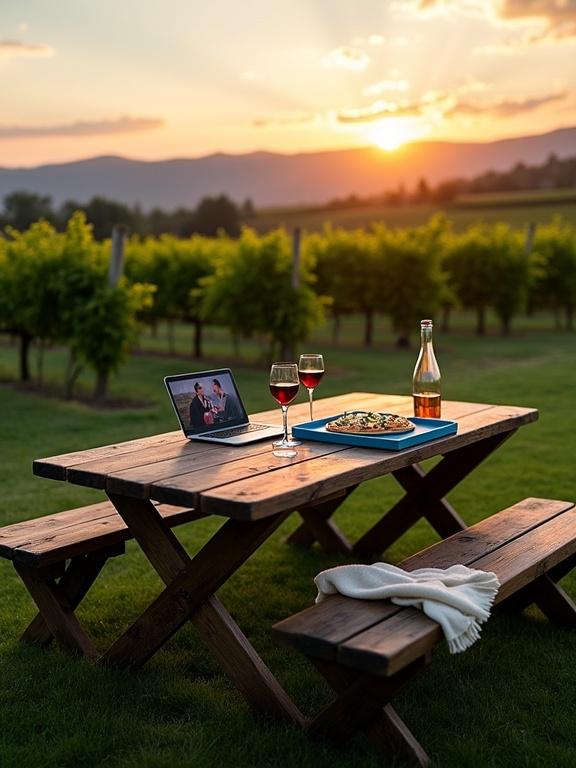Photo of an outdoor picnic dining setup in a vineyard at sunset. It features a rustic wooden table, two wine glasses, a small laptop, and a blue tray with pizza. A soft throw is draped over a wooden bench. Lush greenery and rolling hills form the backdrop, illuminated by warm sunset light.