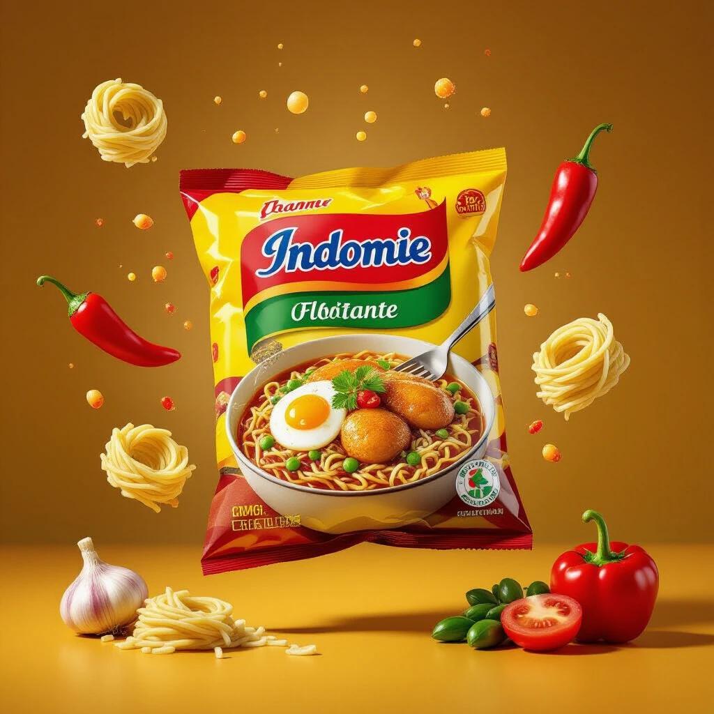 A steaming package of Indomie chicken flavor floating in the air surrounded by swirling noodles sliced red chilies carrots green peas spring onions with a touch of spicy broth in motion droplets in the air dramatic lighting and a bold red-yellow gradient background condensation on the package highly detailed and realistic product advertisement style