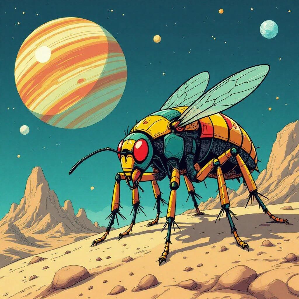 An insectoid alien on an alien planet. Advanced editorial comic style. Detailed line work and technical precision. Heroic proportions with a controlled pose. Highly detailed science fiction armor. Flat and saturated colors with soft gradients. Illustrated alien environment with atmospheric perspective.