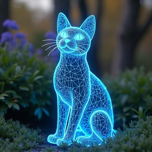 Wireframe cat sculpture with neon blue glow. Positioned in a lush garden setting. Hollow body design emphasizing a modern aesthetic.