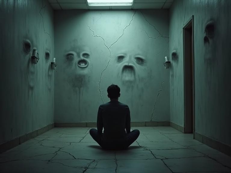 Dramatic indoor scene of a person sitting on floor in center of small dimly lit room. Four tall, cold, cracked walls. Walls subtly form expressions resembling mocking faces. Person appears defeated and thoughtful. Surreal psychological style with eerie lighting and symbolic shadows.