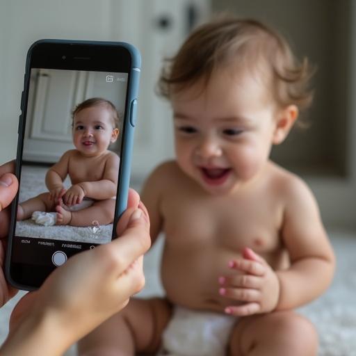 Close-up shot of a woman holding a smartphone filming her infant child. The baby is playing and wearing a diaper. Happy demeanor captured in the image.