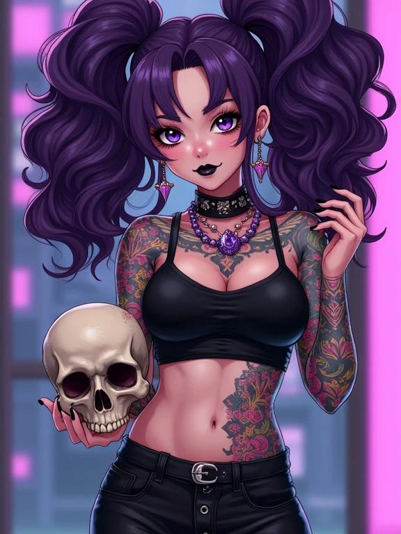 A woman displays her tattoos and amethyst-inspired jewelry. She has oversized curly pigtails and is wearing modern punk rock streetwear. The scene features a luxurious mansion with a human skull collection. Morning light highlights her colorful ink and piercings. Emotions conveyed are confidence and allure. The character's unique blend of cultural heritage shows her strength and individuality.