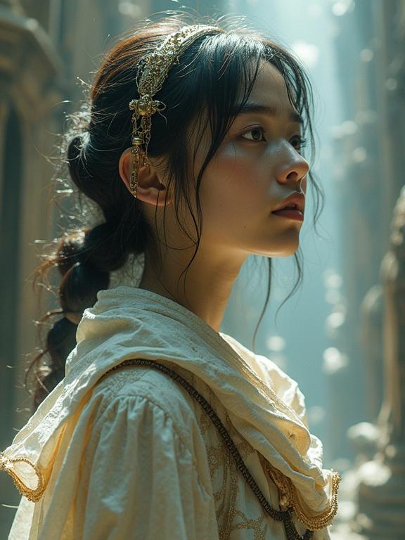 Image depicts a young woman in fantastical setting showcasing intricate textures and futuristic elements combined in a dreamy ambiance.