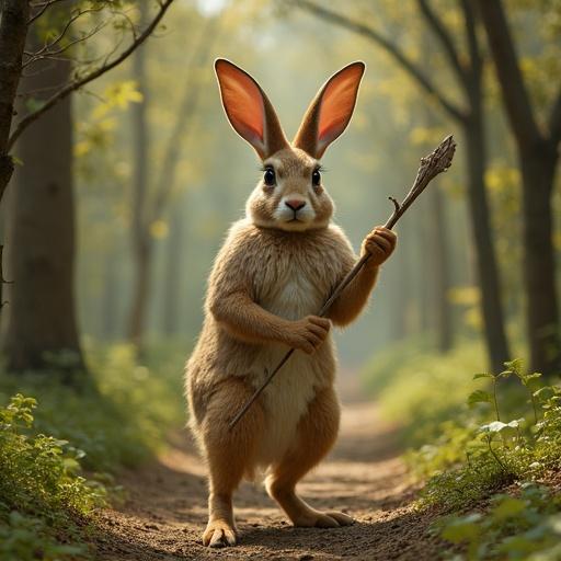A rabbit in a suit stands in a mystical forest. The rabbit holds a stick. Sunlight shines through the trees. The scene has a whimsical atmosphere.