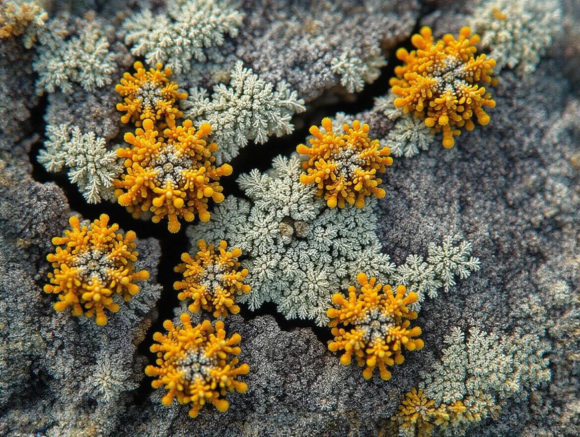 A macro shot features ancient cracked granite with lichen patterns and small moss patches. Insect tracks appear on the surface. Lichen displays ochre, slate, and muted green colors. Side lighting enhances texture and micro-topography. The scene reflects age and subtle life.