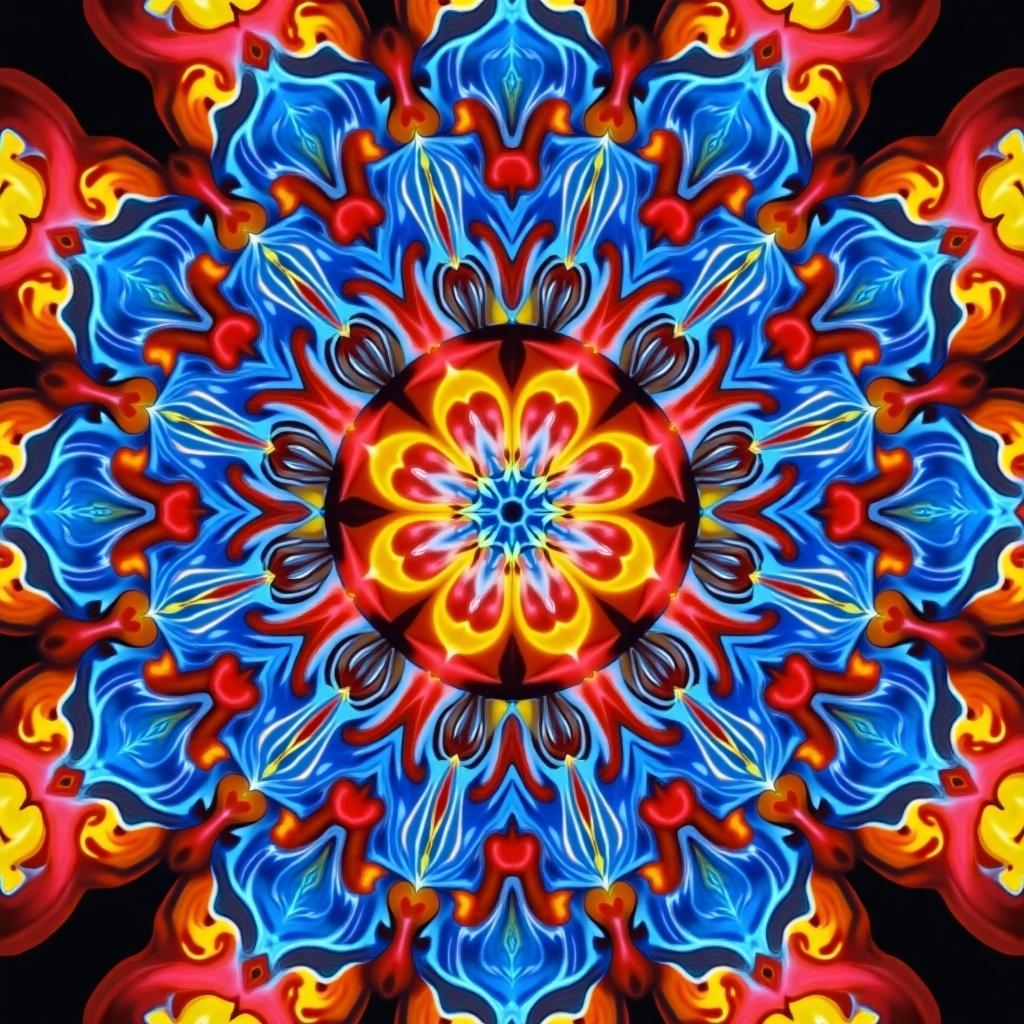 This image features a striking kaleidoscope pattern, bursting with vibrant colors and intricate designs. The colors blend and swirl together in a mesmerizing display, drawing the viewer in. The central focal point showcases a floral-like arrangement, with radiating shapes creating a sense of harmony. The background is a deep black, which enhances the brightness of the colors. Overall, this kaleidoscope evokes a feeling of wonder and creativity, making it suitable for various artistic applications.