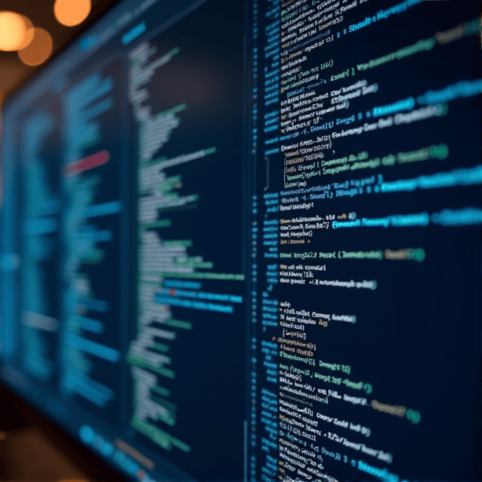 A dark-themed computer screen displaying colorful source code with a sharp focus on the right side, illustrating the intricate details of programming.