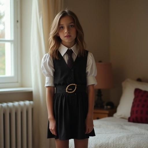 Seven year old girl in formal blouse and miniskirt. Wearing pantyhose. Brown hair. Standing next to a bed.