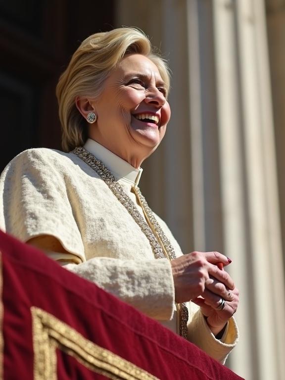 Hillary Clinton stands on the Vatican balcony during a significant occasion. She is dressed in elegant attire. The scene captures her engaged in a meaningful event.