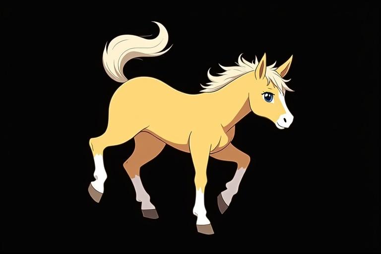Anime-style horse with golden-yellow coat. White or cream mane and tail. Isolated on black background. Horse in side view.
