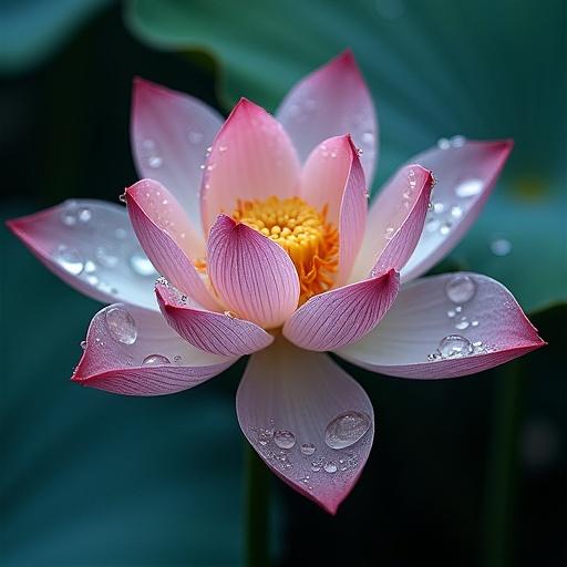 Close-up of a lotus flower with delicate petal textures and glistening water droplets. Rich colors highlight the flower's elegance. Soft shadows enhance the serene mood. The composition captures detail and atmosphere for tranquility.