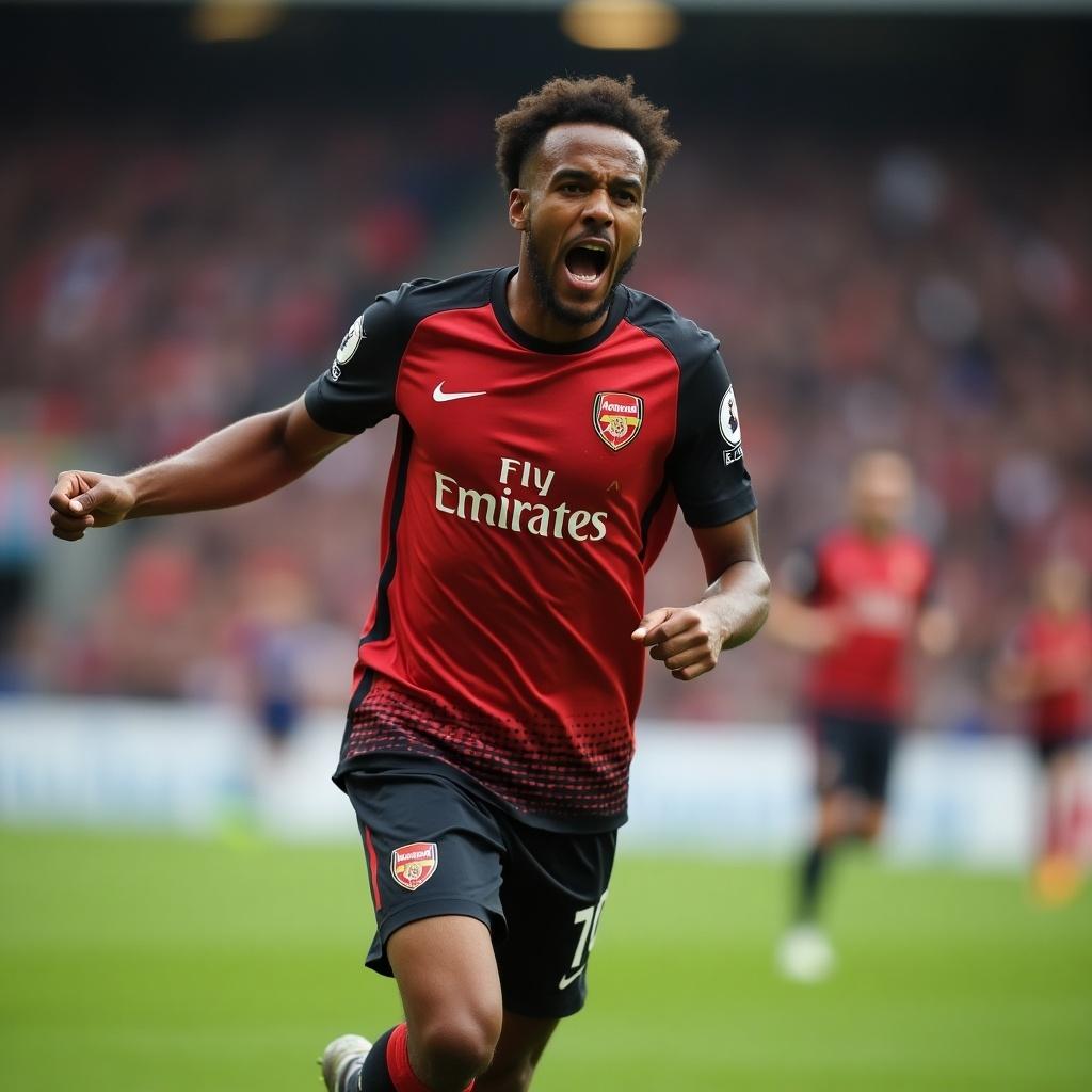 A soccer player passionately celebrating after scoring a goal. The player is wearing an Arsenal kit that is predominantly red with black accents. The background shows a cheering crowd blurred to emphasize the player’s excitement. Bright daylight filters over the scene, highlighting the player’s expressions. The moment captures the joy of scoring in a high-stakes Premier League match.