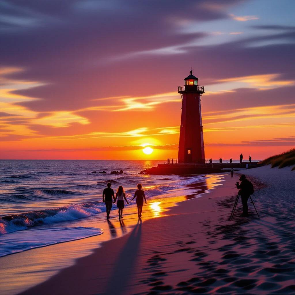 A sunset over Lake Michigan with warm golden hues. Big Red Lighthouse stands on the pier. The sun is low on the horizon. Gentle waves wash onto the beach. People walk along the shoreline. A couple holds hands. Kids run in the water. A photographer captures the moment. The sky is streaked with color. The scene is tranquil and inviting.